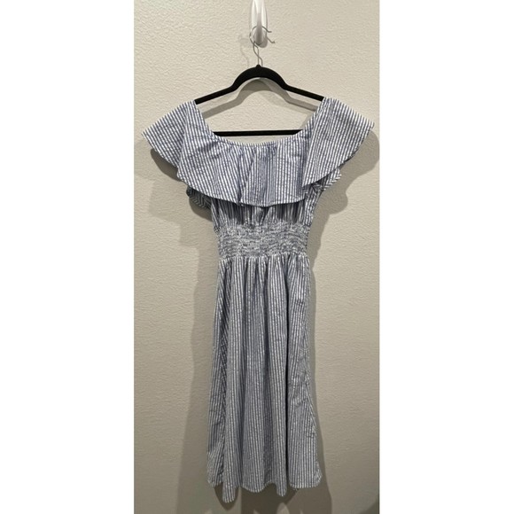 ZARA Blue White Striped Midi Summer Dress - Picture 5 of 5